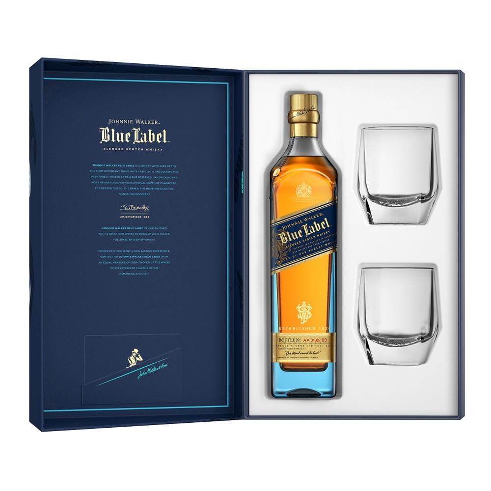 Johnnie Walker Blue Label Blended Scotch Whisky Geschenkset mit 2 Kristallgläsern 40% 0,7l